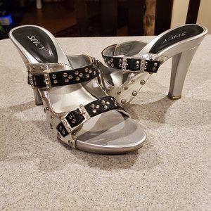 Silver and Black SPICY strappy dress heels.  Embellished straps